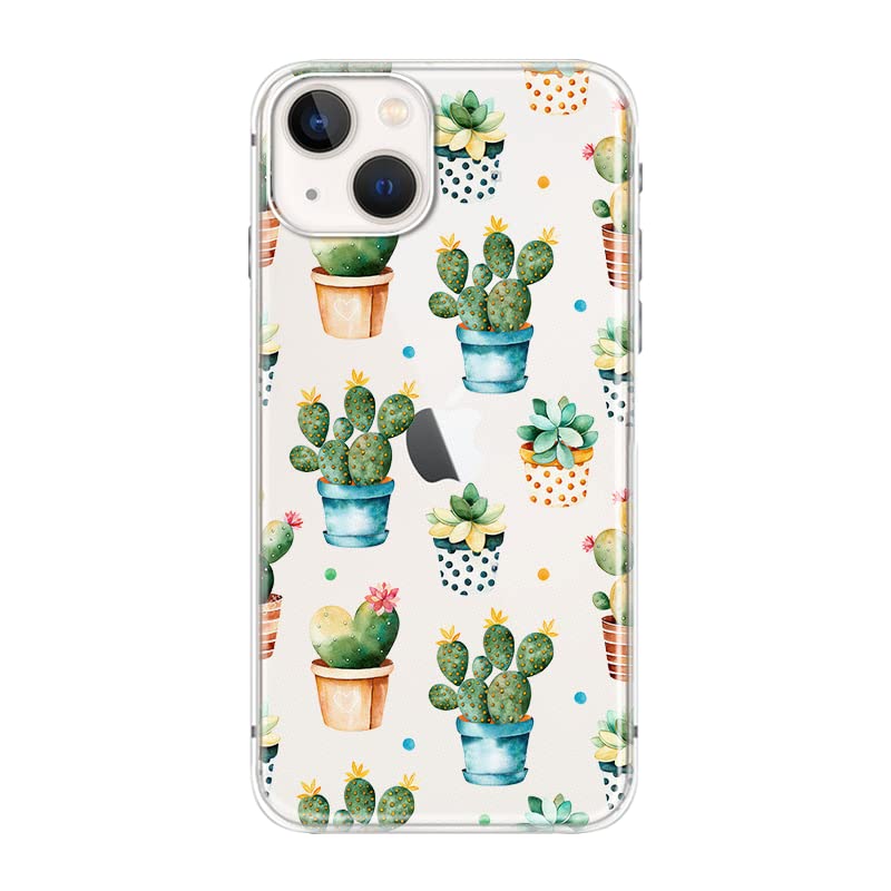 Blingy'S For Iphone 13 Case (6.1 Inch), Cute Floral Cactus Pattern Flower Succulents Style Transparent Soft Tpu Protective Clear