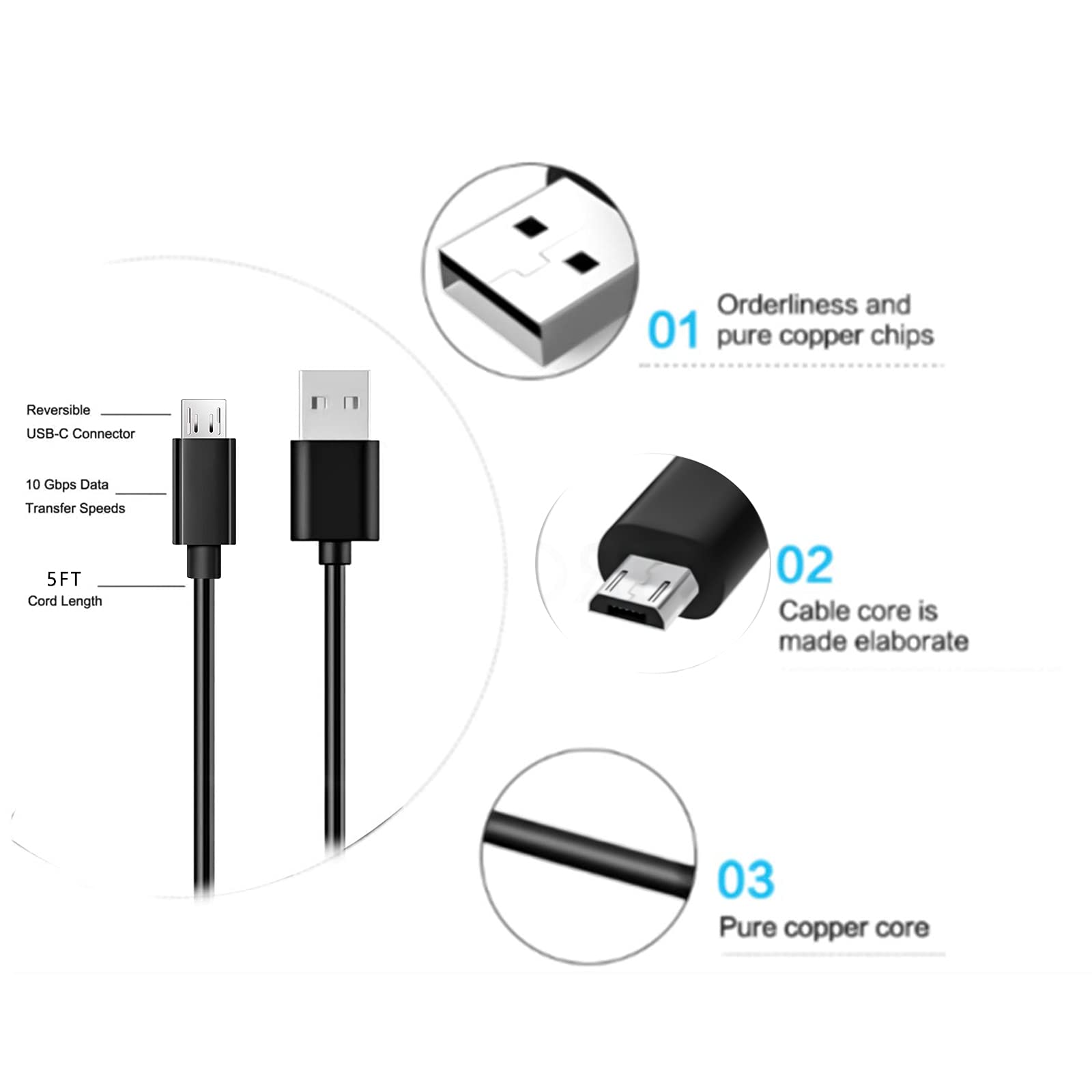 5Ft Replacement Mirco Usb Charger Charging Cable Power Cord For Onetouch Verio Flex (Not Compatible With Onetouch Verio Iq Models)   Black