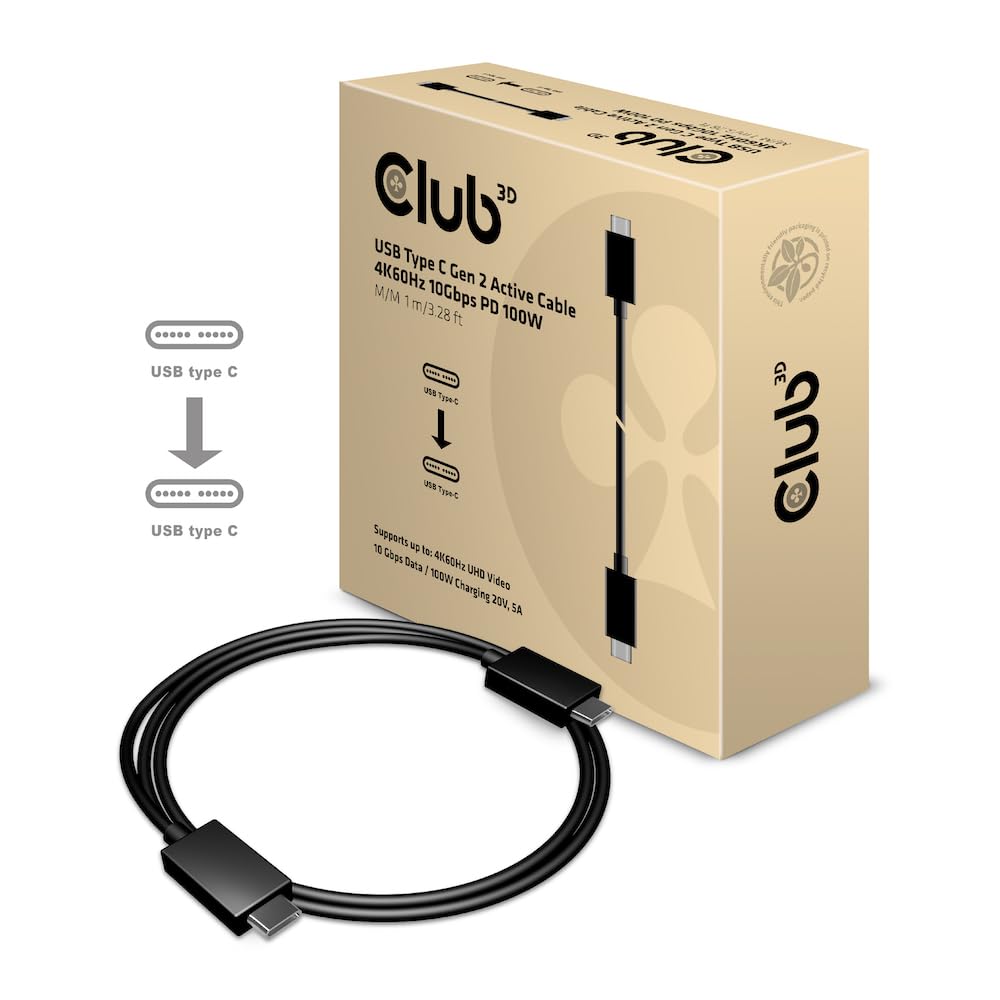 Club 3D Cac 1522 Usb 3.1 Usb Type C Gen 2 Active Cable 4K60Hz 10Gbps Pd 100W M/M 1 M/ 3.28 Ft