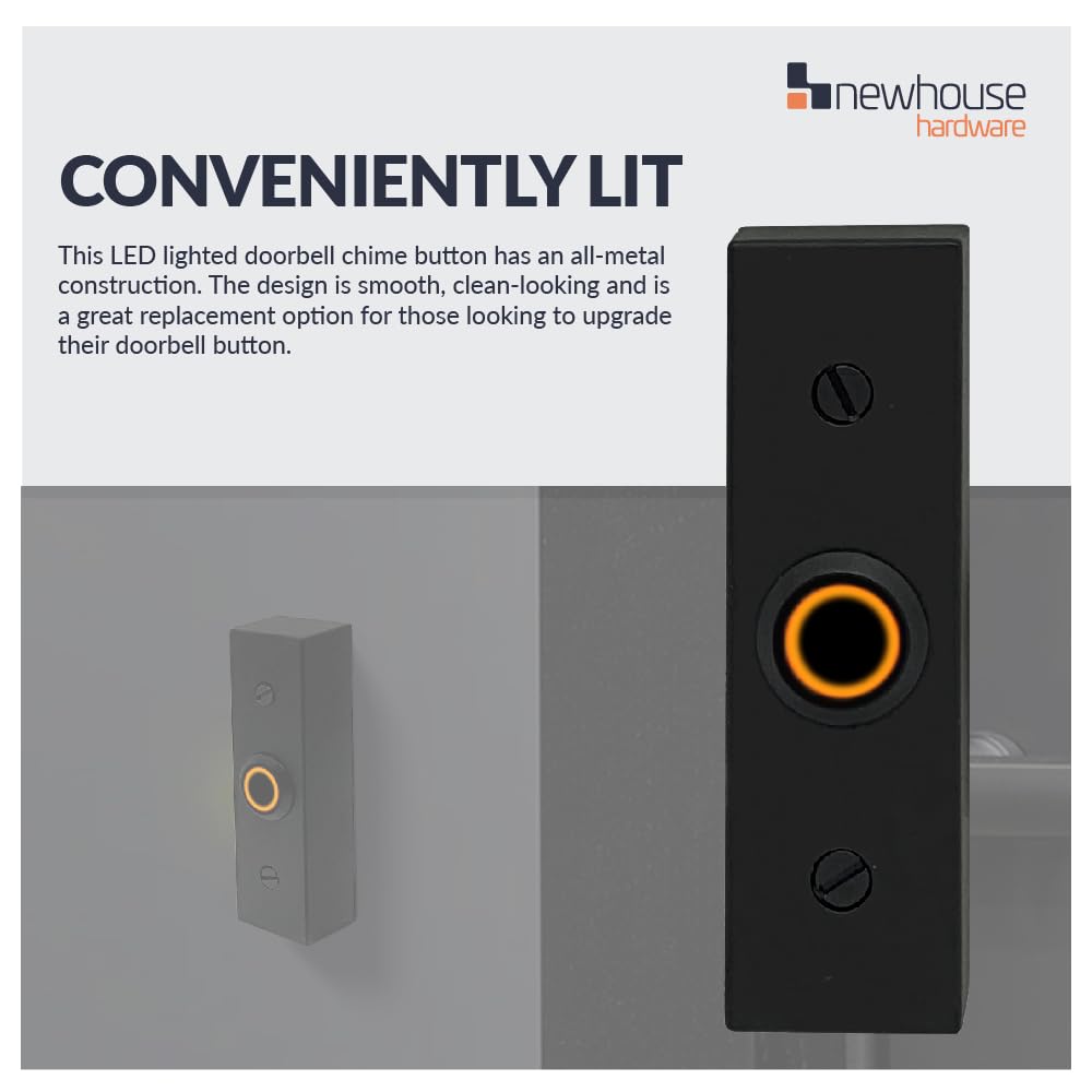 Newhouse Hardware Rectangular Lighted Wired Metal Doorbell Button In Black Bt6Bl, For Doorbell Chime, Buzzer, Or Ringer, Door Be
