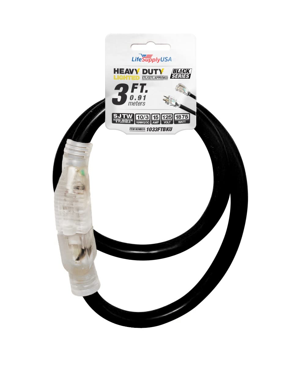 3 Ft Power Extension Cord Outdoor & Indoor Heavy Duty 10 Gauge/3 Prong Sjtw (Black) Lighted End Extra Durability 15 Amp 125 Volt