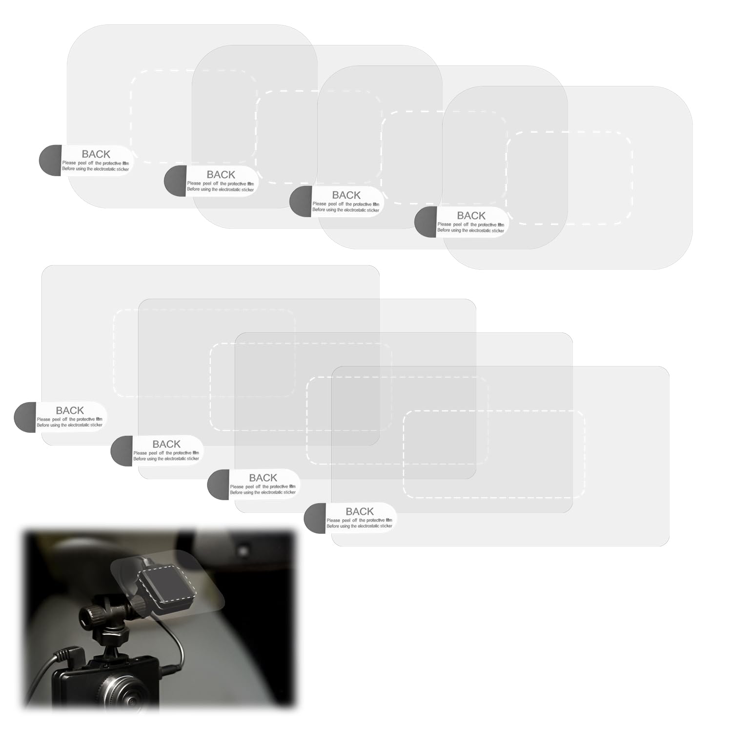 8pcs Windshield Dashcam Stickers, Transparent Electrostatic Sticker Weatherproof Camera Films, Durable and Reusable Car Windshie