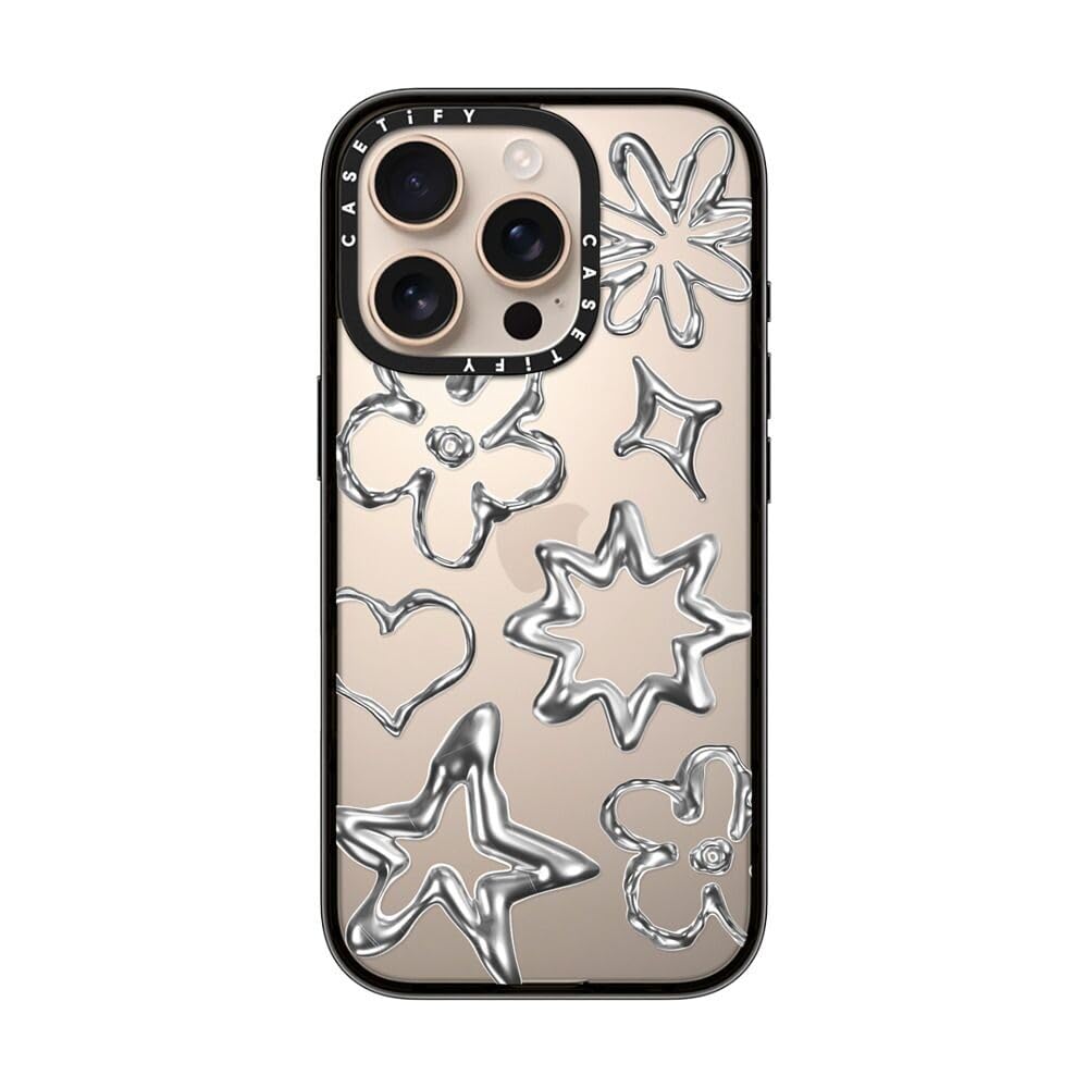 Casetify Compact Case For Iphone 16 Pro [Lightweight / 4 Ft. 2X Military Grade Drop Protection/Slim]   Chrome Doodles   Clear Bl