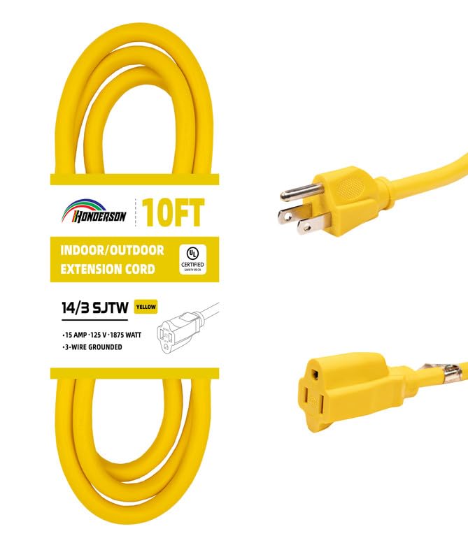 Honderson Indoor/Outdoor Extension Cord, 14 Gauge 10Ft Yellow 3 Prong Heavy Duty, Weatherproof, Ul Listed, 14/3 Sjtw 15A Power C
