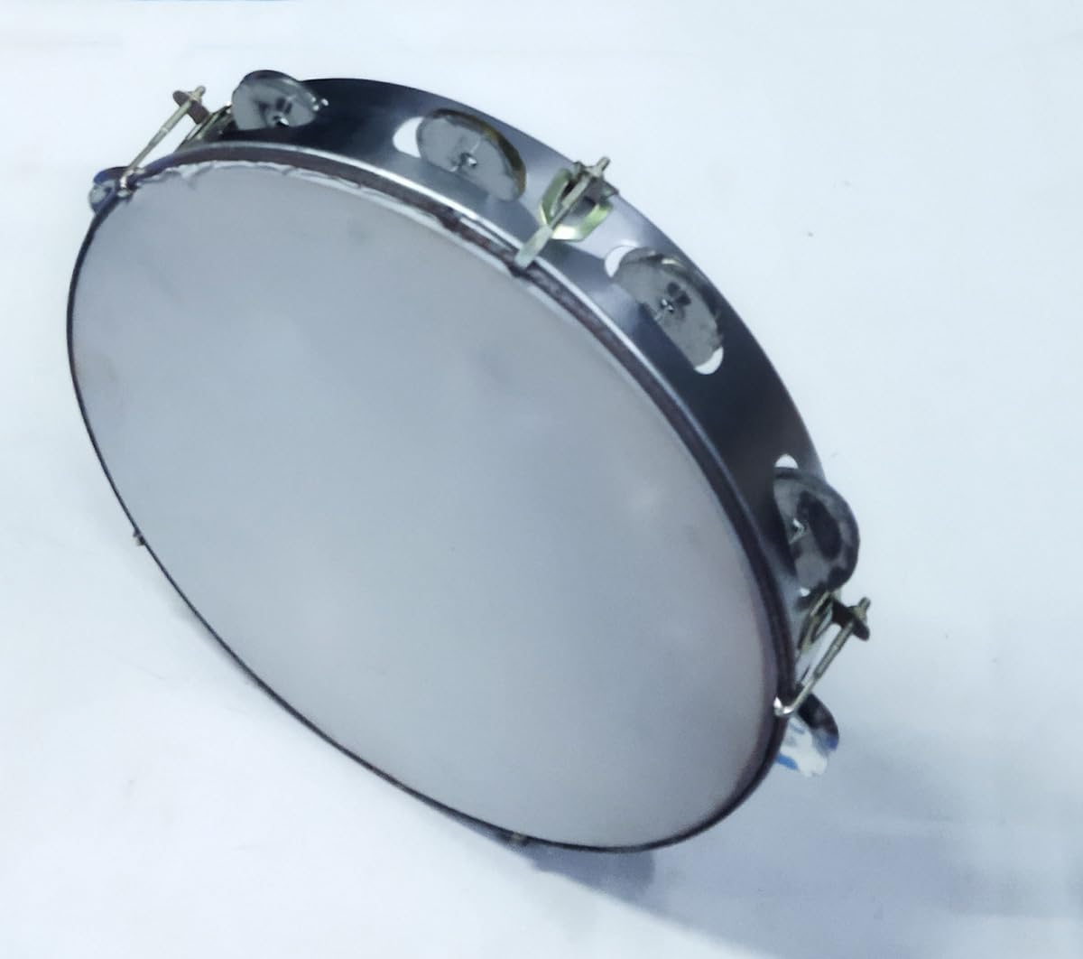 Tambourine Hand Percussion Musical Instrument (10 inch) Silver & White