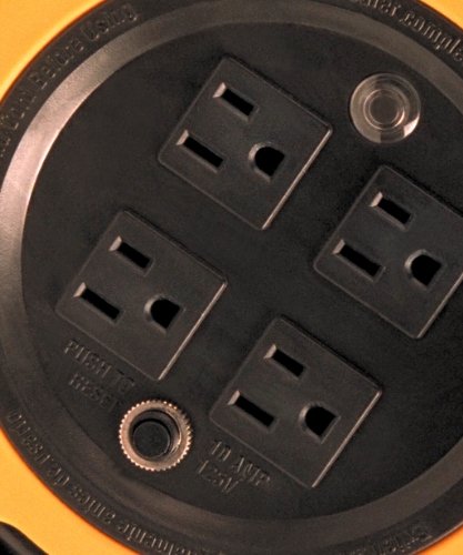 Woods 2801 Extension Reel With Four 3 Prong Power Outlets; Heavy Duty Retractable Cord; User Friendly; Made Of Flame Resistant Materials; 10 Amp Circuit Breaker; 25 Foot; Yellow; Orange