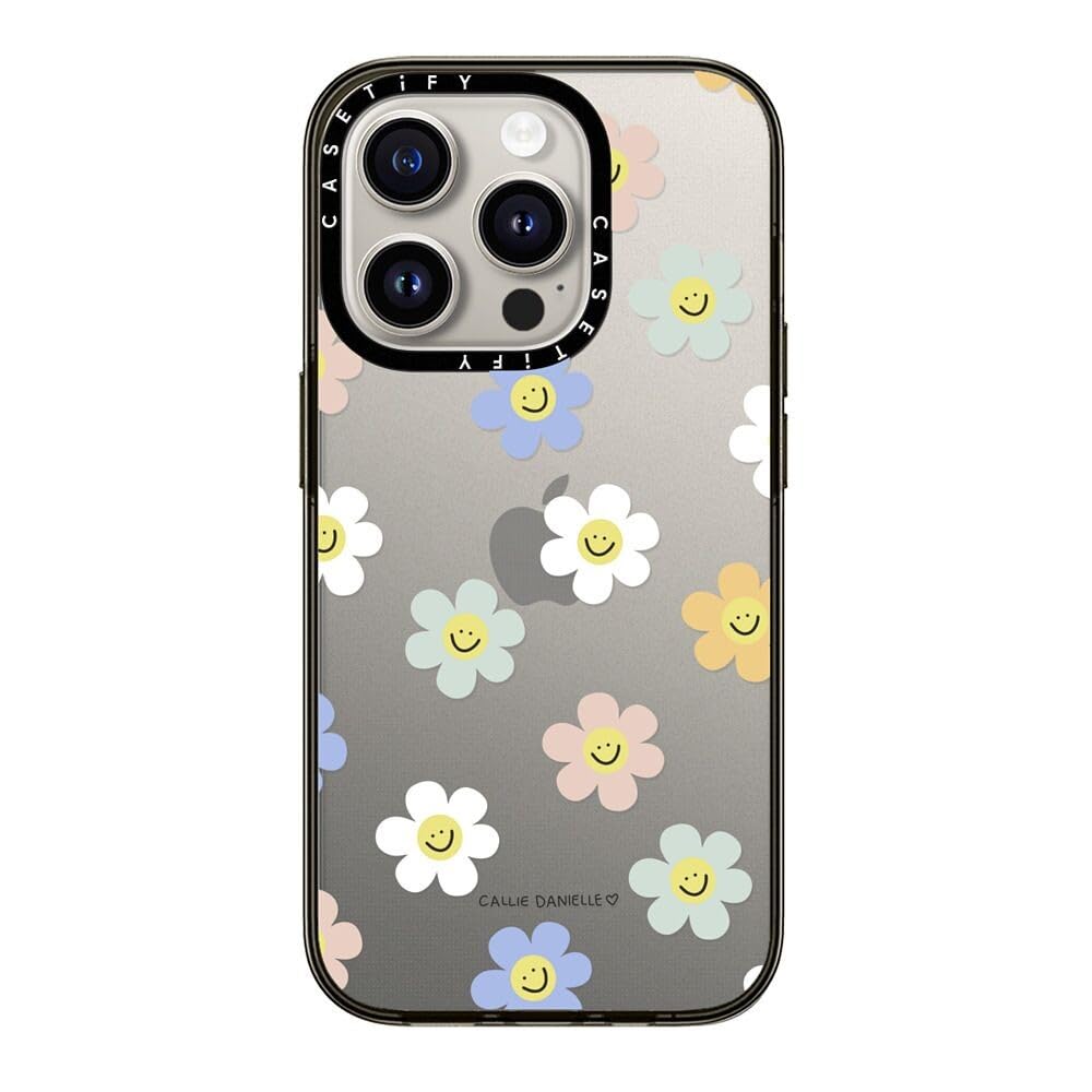 Casetify Compact Case For Iphone 15 Pro [2X Military Grade Drop Tested / 4Ft Drop Protection]   Happy Daisies   Clear Black