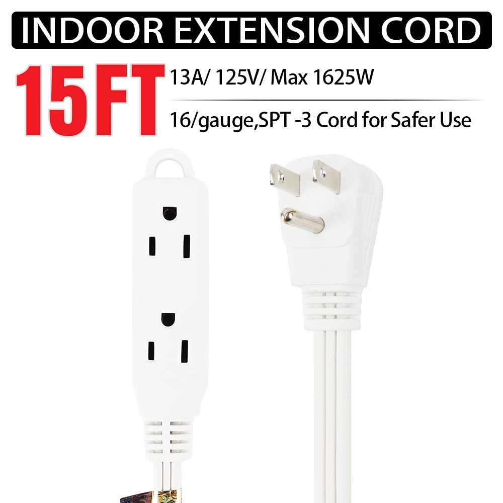 Ep 15 Ft 3 Outlet Extension Cord With Flat Plug, 3 Prong Grounded, 16/3 Spt 3 Power Cable For Indoor Use, White, 2 Pack