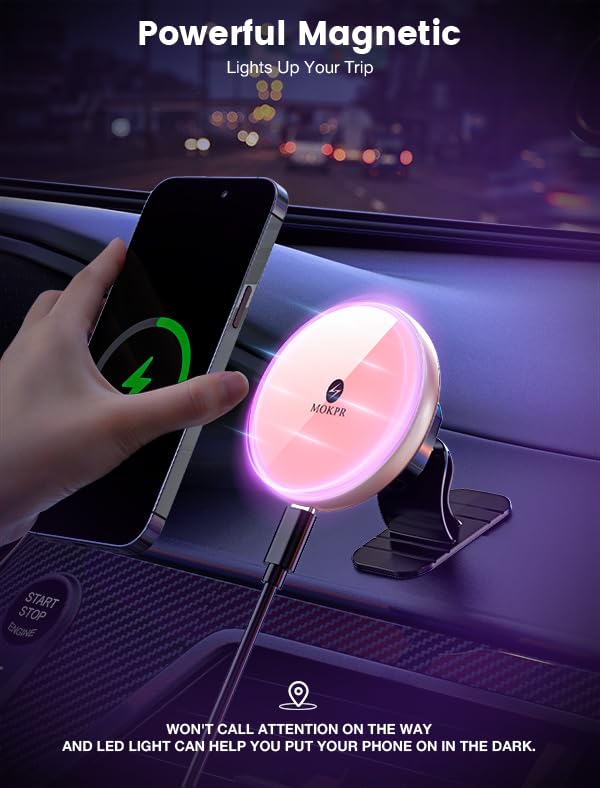 Mokpr For Magnetic Car Mount Charger-15W Wireless Car Charger-Magnetic Car Phone Holder For Dash Air Vent-Led Rgb Handsfree Car