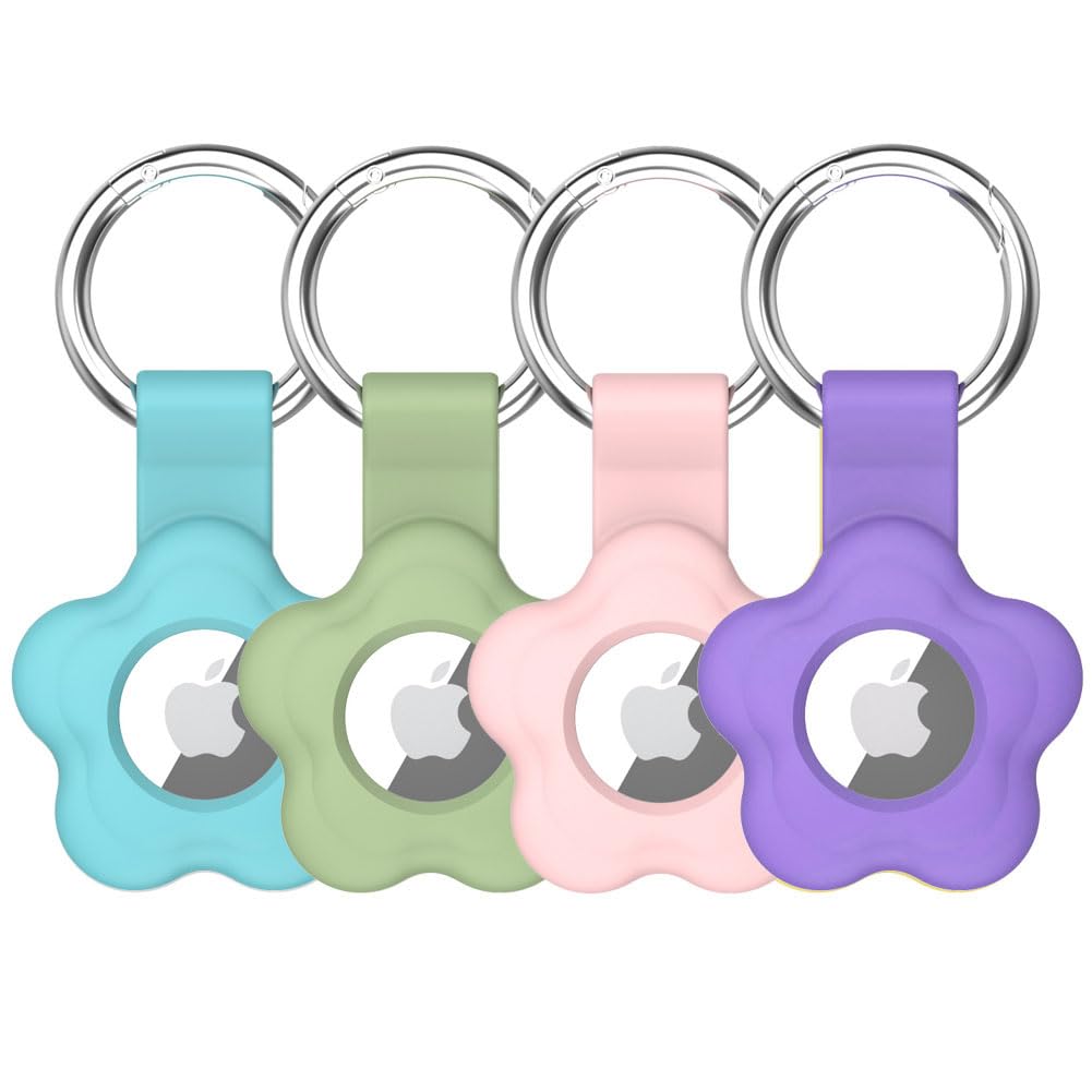 Alsukeay 4 Pack Holder Case For Airtag Tracker With Keychain Flower Silicone Protective Cover With Loop Key Ring For Kids Pets W
