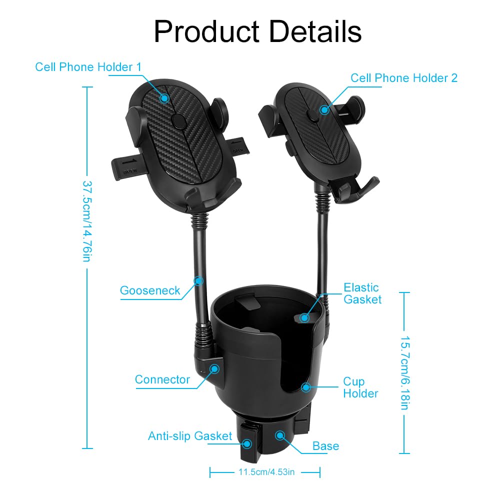 Jinkey Dual Cup Phone Holder For Car, 360Rotatable Car Phone Mount Adjustable Gooseneck Cell Phone Cup Holder Universal Fits For