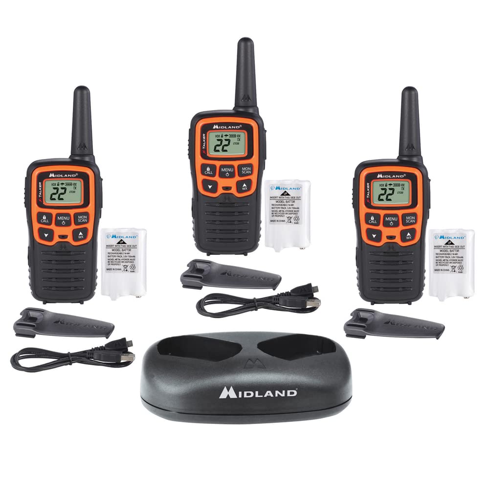 Midland  T51X3Vp3 X Talker Walkie Walkie   Long Range Two Way Radio For Camping Hiking Hand Held Rzr Frs Compact Radio Utv Communication Noaa Weather Scan   Black/Orange, 3 Radios