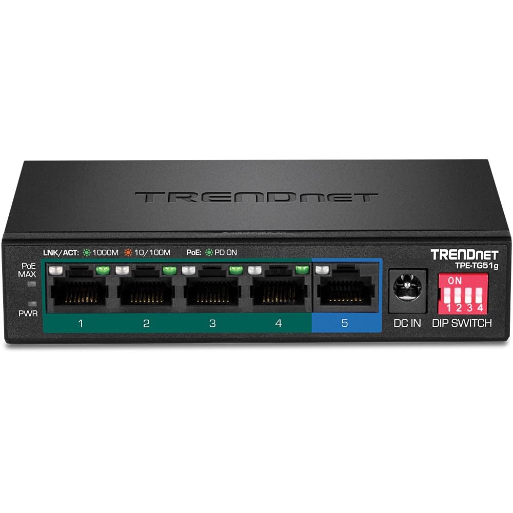 Trendnet 5 Port Gigabit Poe+ Switch, Camera Dip Switch Extends Poe+ 200M (656 Ft), 60W Poe Budget, Black, Tpe Tg51G