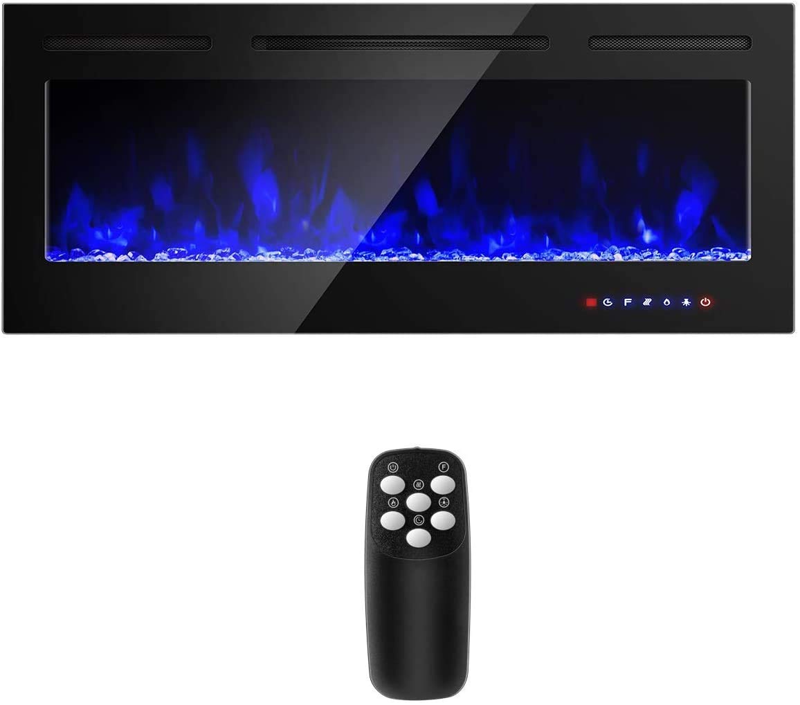 Costway 50 Inch Electric Fireplace, 750W/1500W Wall Recessed And Mounted Fireplace Insert With Remote Control, 9 Flame Colors, 5 Brightness Settings, 8 H Timer, Fireplace Heater For Indoor Use
