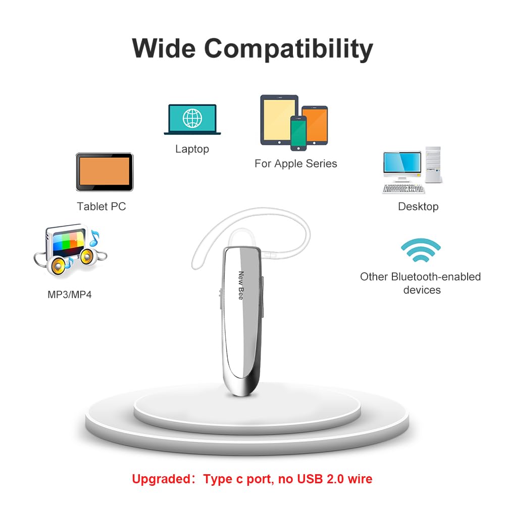 New Bee Bluetooth Earpiece V5.0 Wireless Handsfree Headset With Microphone 24 Hrs Driving Headset 60 Days Standby Time For Iphone Android Samsung Laptop Trucker Driver (White)
