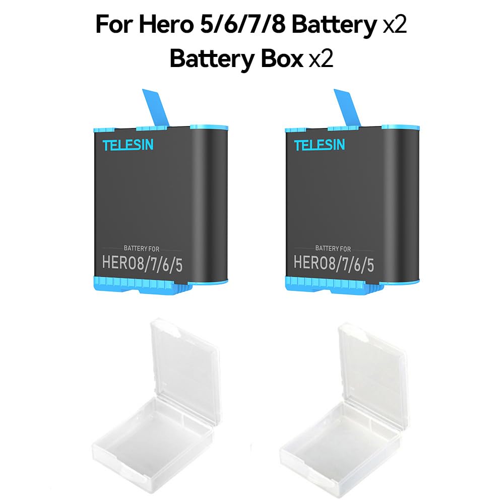 Telesin Triple Charger Battery Charging Box With 2 Battery Pack, Storage Cases, Usb Type C Cable, Camera Lens Cover, Screen & Le