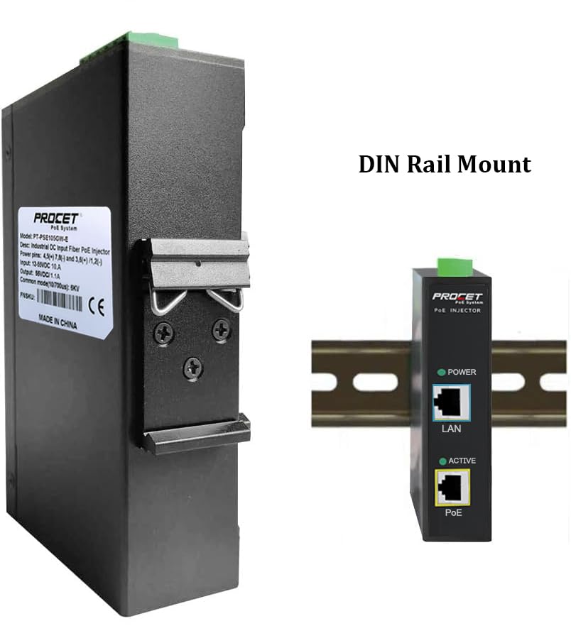 Procet 60W Poe++ Injector Gigabit Din Rail Industrial Poe Power Injector, 6Kv Surge Protection, Ieee802.3Af/At Compliant, Workin