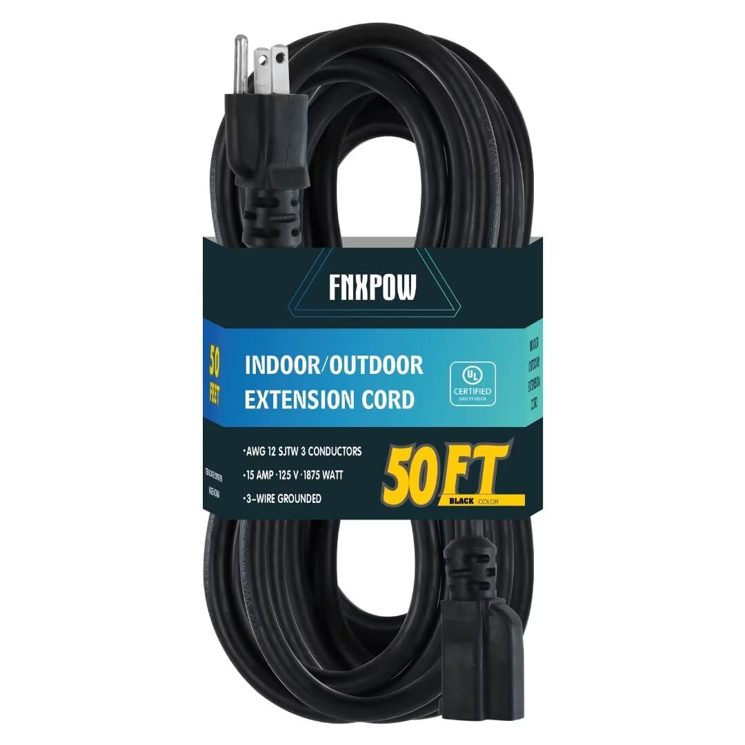 Fnxpow Indoor Outdoor Extension Cord, 12 Gauge 3 Prong Weatherproof Heavy Duty Black Extension Cords,12/3 Sjtw 15A 50 Ft Extensi