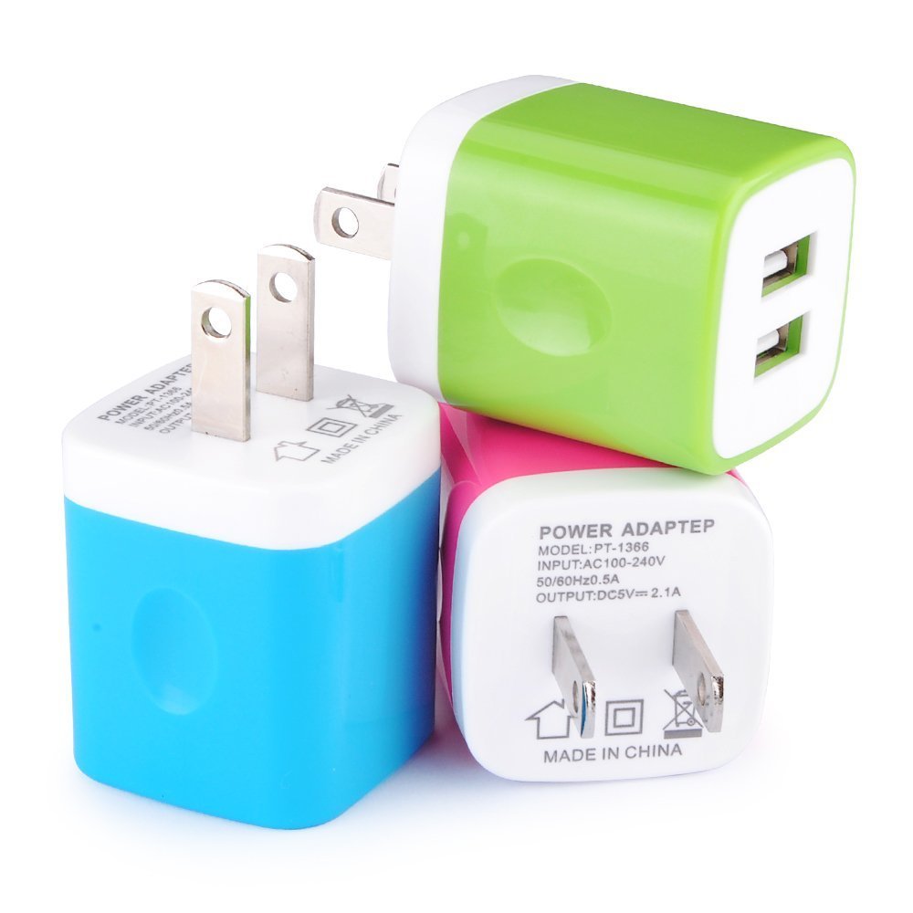 Wall Charger, [3 Pack] 5V/2.1Amp Ailkin Colorful 2 Port Usb Wall Charger Home Travel Plug Power Adapter Charging Block For Iphon