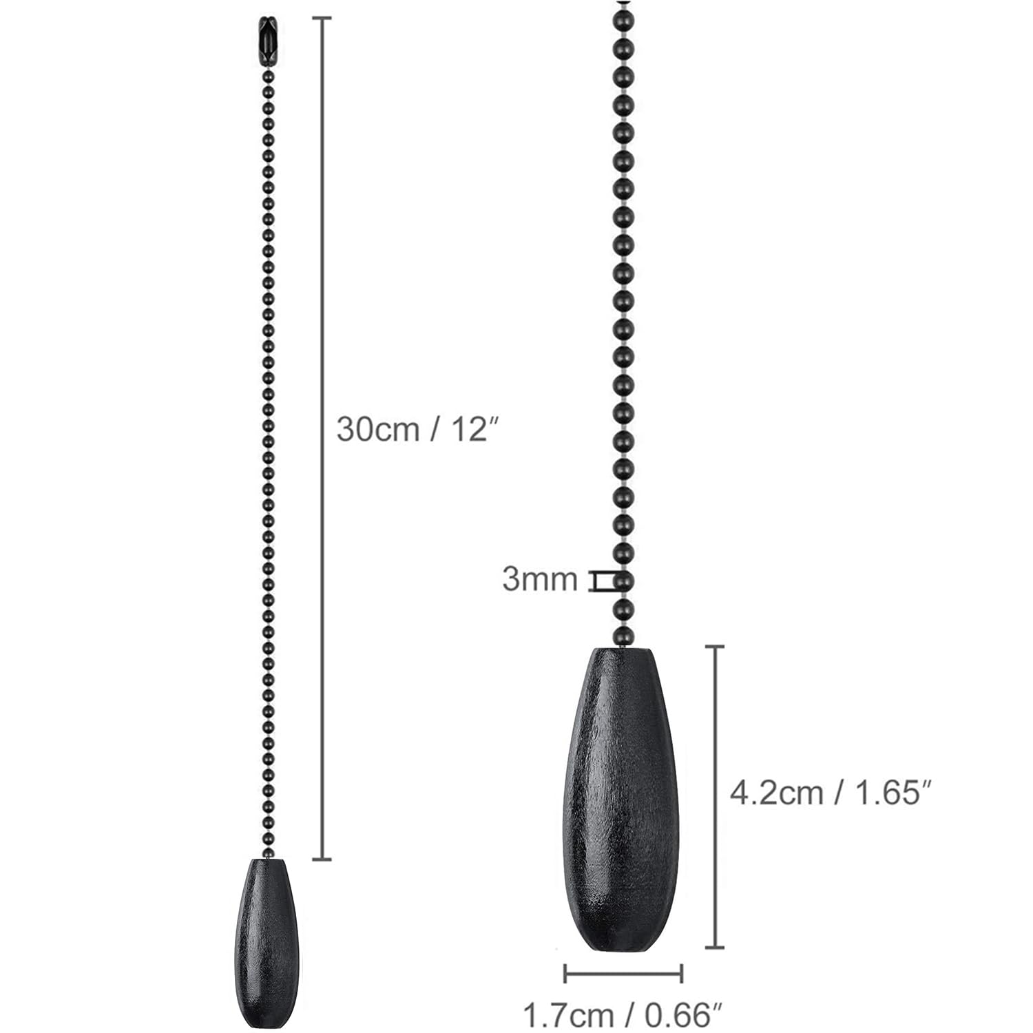 Dotlite 2Pack Black Wooden Ceiling Fan Pull Chain Extender, 12In Decorative Fan String Pulls Extension,3Mm Diameter Beaded Chain
