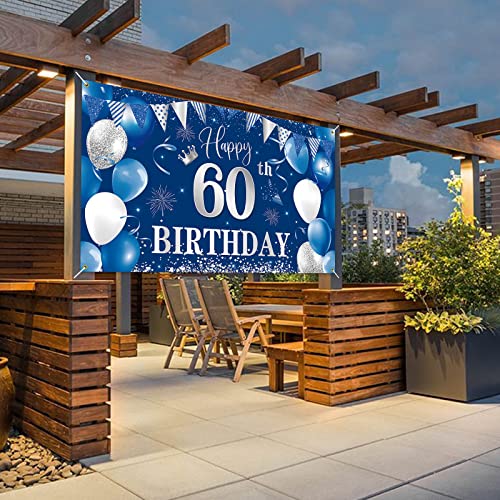 60Th Birthday Banner Backdrop,Btzo Happy 60Th Birthday Decorations,Blue Silver Fabric Photo Backdrop Background For Men And Wome