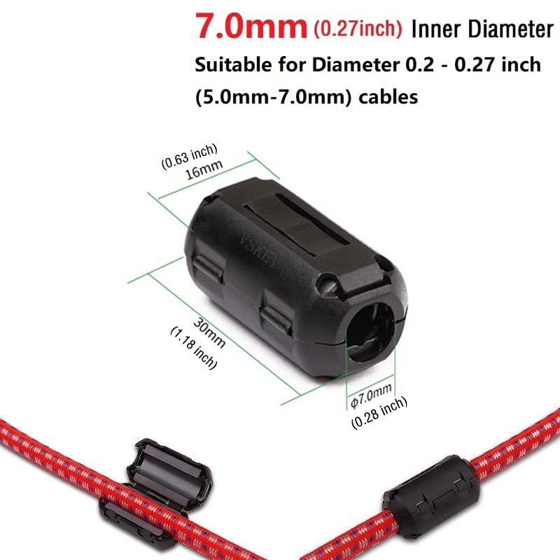 Clip On Noise Filter,Vskey [10Pcs 7.0Mm] Anti Interference High Frequency Ferrite Core Choke Clip For Speakers,Video,Radio,Ampli