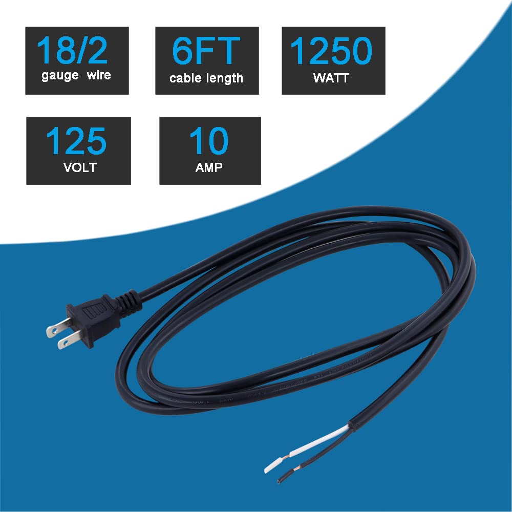 18Awg Replacement Power Cord Round Cable 2 Prong Polarized Plug 18 Gauge 120V Power Supply Cord Sjt 18Awg 6 Foot Pigtail 2 Wire