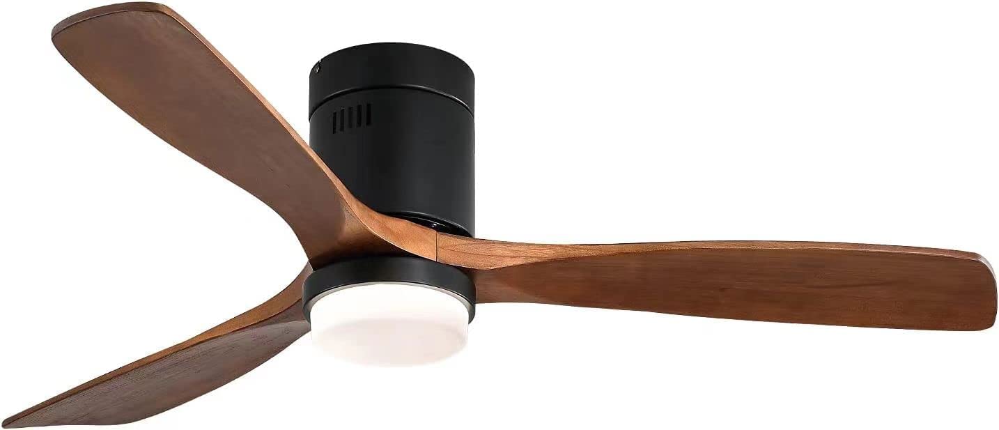 CACI Mall Flush Mount Ceiling Fan with Light, 52 inch Low Profile Ceiling Fans with Remote Control, 3 Walnut Wood Blades with No