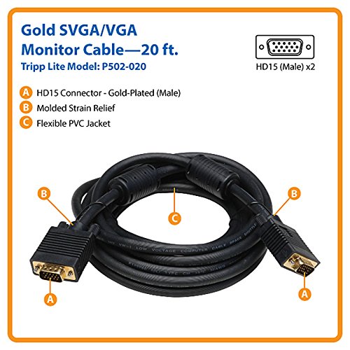 Tripp Lite Vga Coax Monitor Cable, High Resolution Cable With Rgb Coax (Hd15 M/M) 20 Ft.(P502 020)