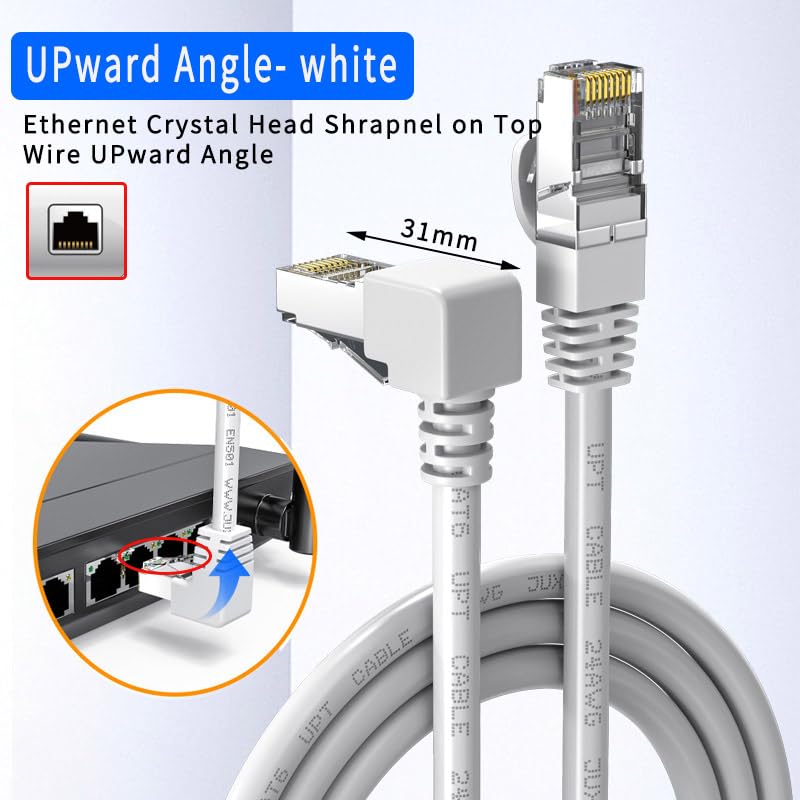 Juxinice Cat6 Ethernet Cable White 90 Degree Right Angle Cable Upward, Cat 6 Internet Cable Right Angle Ethernet Adapter 10Ft Rj45 Lan Cable Gigabit Network Cable