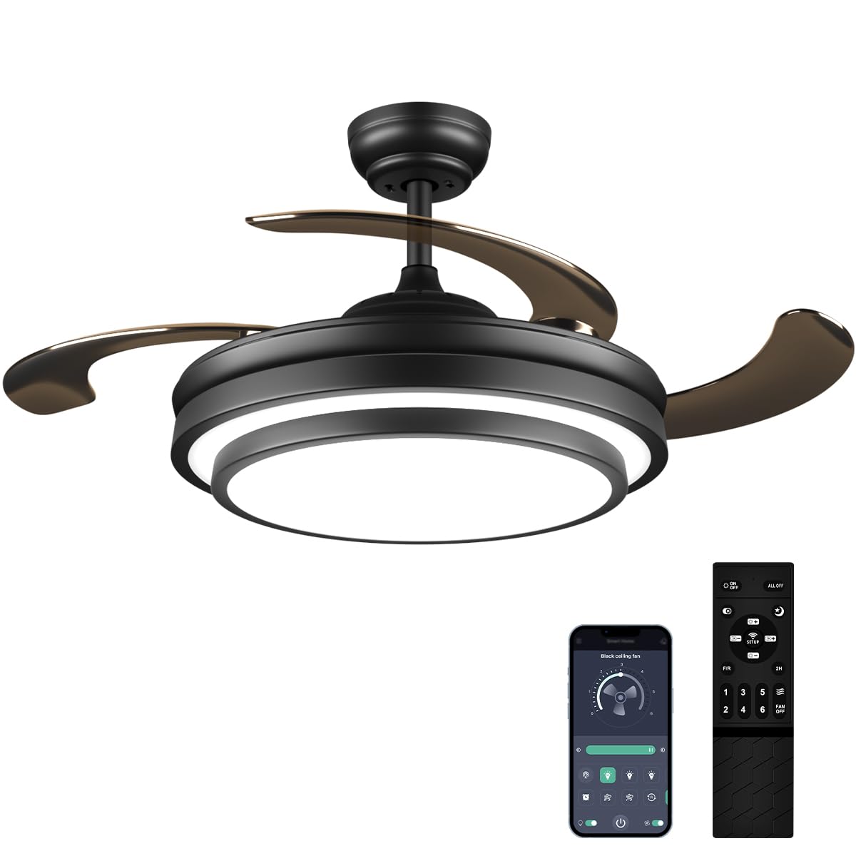 42 Inch Black Modern Ceiling Fan With Lights And Remote Retractable Fandelier Ceiling Fan 6 Speed Dimmable Memory Led Ceiling Fa