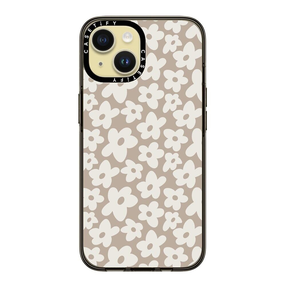Casetify Compact Case For Iphone 15 [2X Military Grade Drop Tested / 4Ft Drop Protection]   Natural Flower   Clear Black