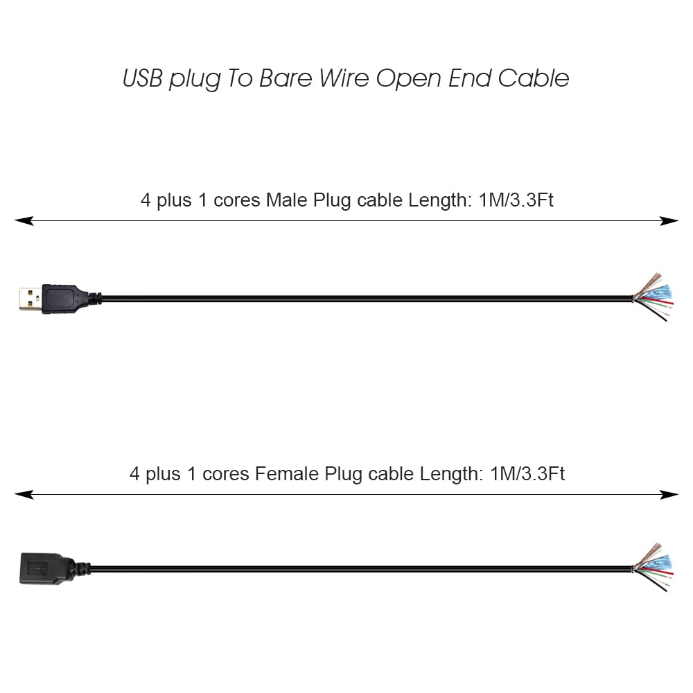 Ksopuert 2Pcs Usb A Male & Female Plug Aluminum Foil Shielded Twisted Pair Bare Wire Open End Cable 3.3Ft(100Cm) 4 + 1Cores Powe