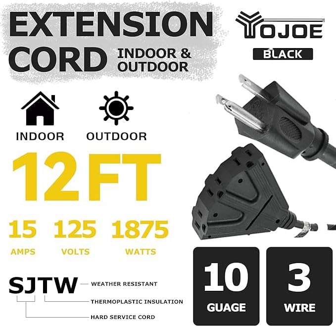 Yojoe 3 Outlets 12 Ft Black Indoor Outdoor Extension Cord, 15A Weatherproof Power Cord With 3 Prong Grounded Plug, 10 Gauge Heav