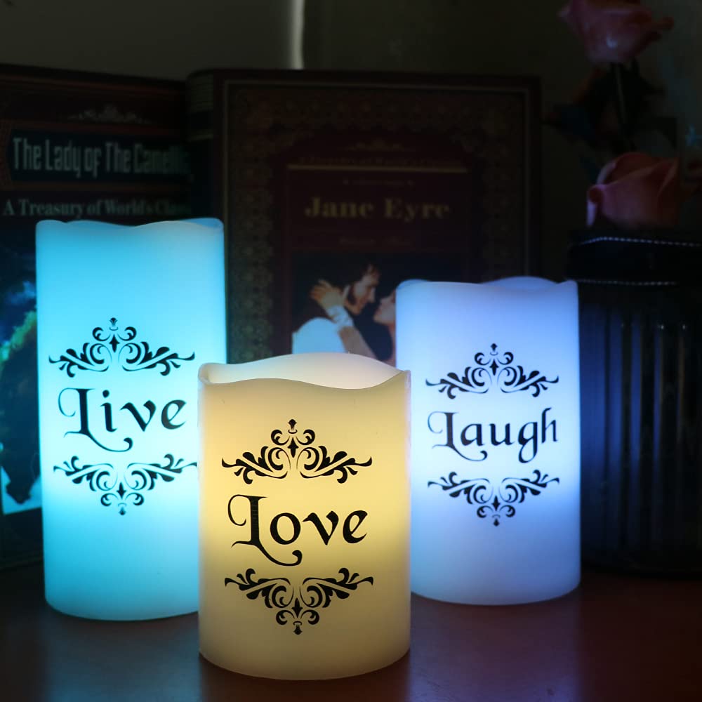 Dromance Color Changing Led Flameless Candles With 18 Key Remote And Timer, Live Love Laugh Decals Battery Operated Led Flickeri