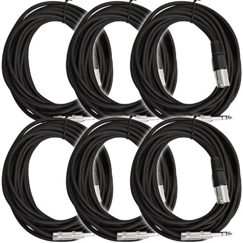 Seismic Audio - SATRXL-M25Black-6Pack - 6 Pack of 25 Ft XLR Male to 1/4 TRS Patch Cable Snake Cords Balanced - Black