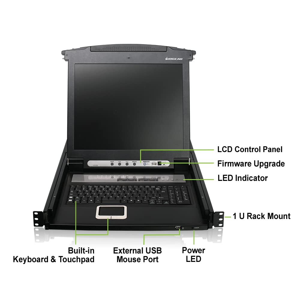 Iogear Rackmount 16-Port Kvm Switch Console With 17-Inch Tft Lcd Active Matrix Monitor, Keyboard And Touchpad With 1 Usb Cable