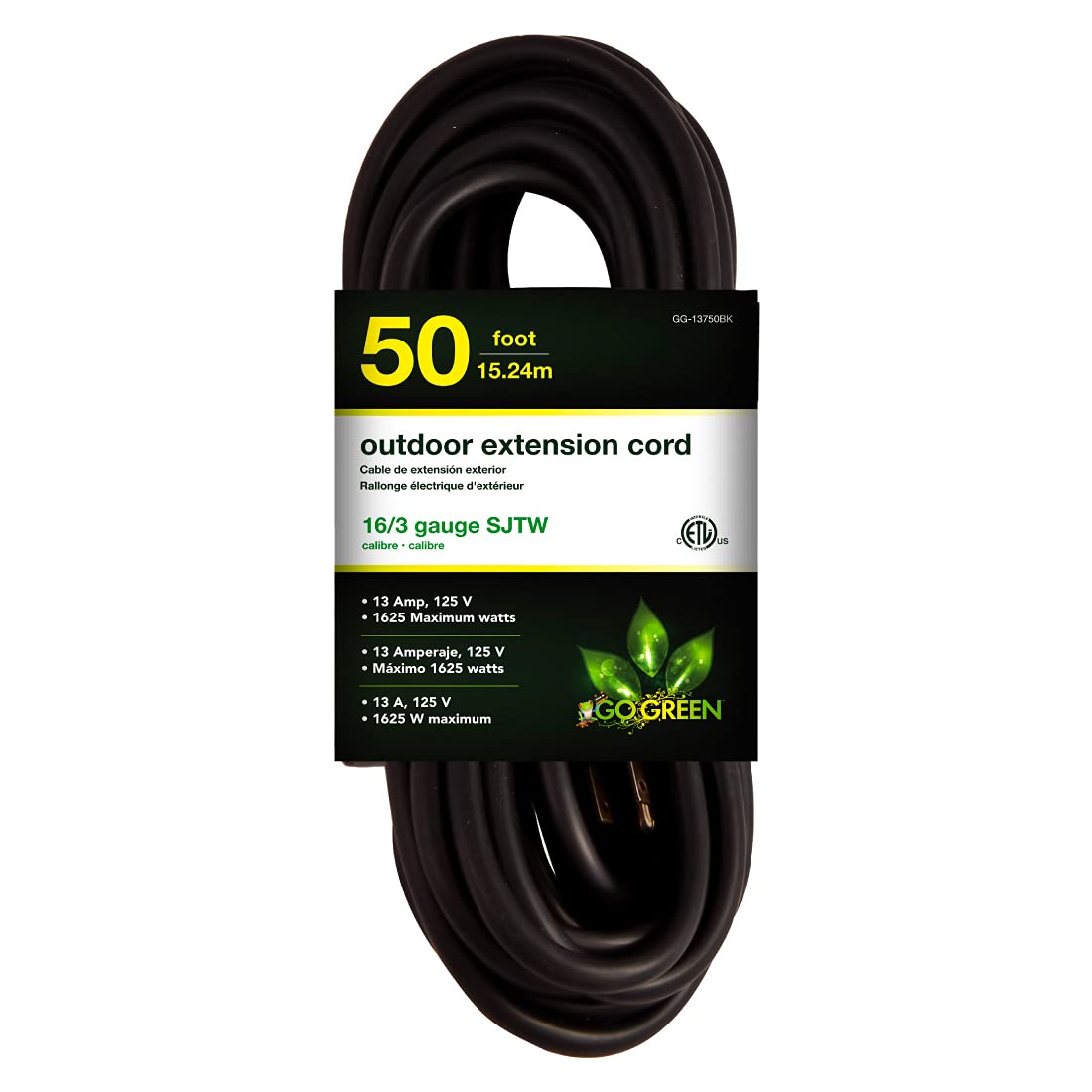 Go Green Power Inc. 16/3 50Ft Black Outdoor Extension Cord   Durable, Heavy Duty, Moisture Resistant   Ideal For Tools & Equipment   Gg 13750Bk
