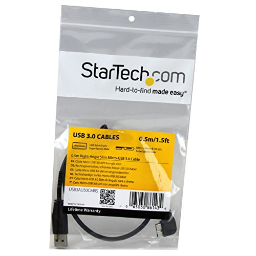 Startech.Com 0.5M 20In Slim Micro Usb 3.0 Cable M/M - Right-Angle Micro-Usb - Usb 3.0 A To Micro B - Angled Micro Usb 3.1 Gen 1