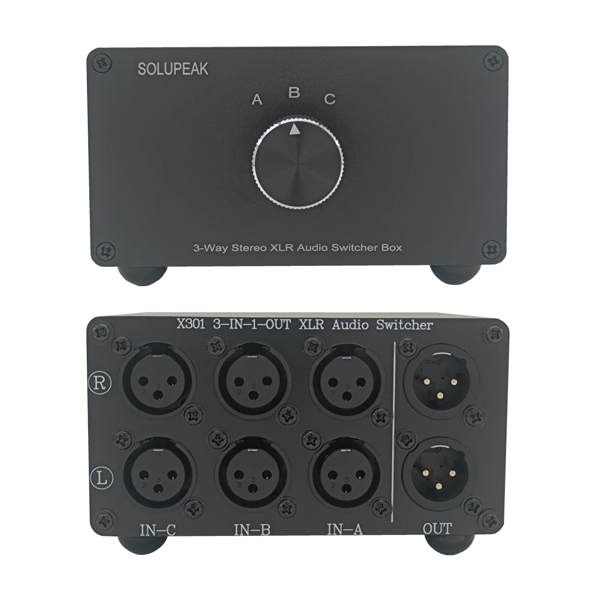 Solupeak 3 Way Xlr Stereo Audio Switch Box, Balanced Audio Converter, Passive Signal Source Audio Input Selector Switcher Splitt