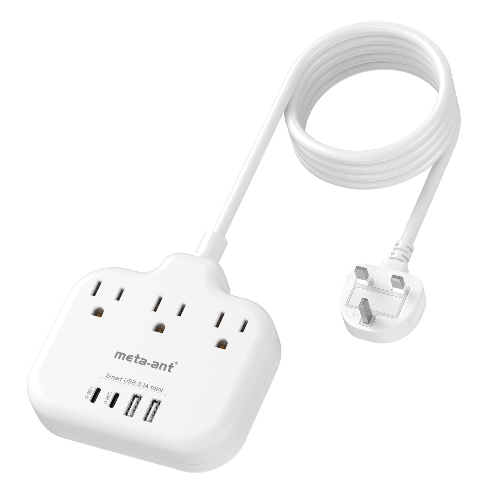 Type G Adapter For Travel,Meta Ant Us To Uk Travel Adapter With 5Ft Extension Cord,3 Outlets 4 Usb(2 Usb C), Type G Uk Ireland T