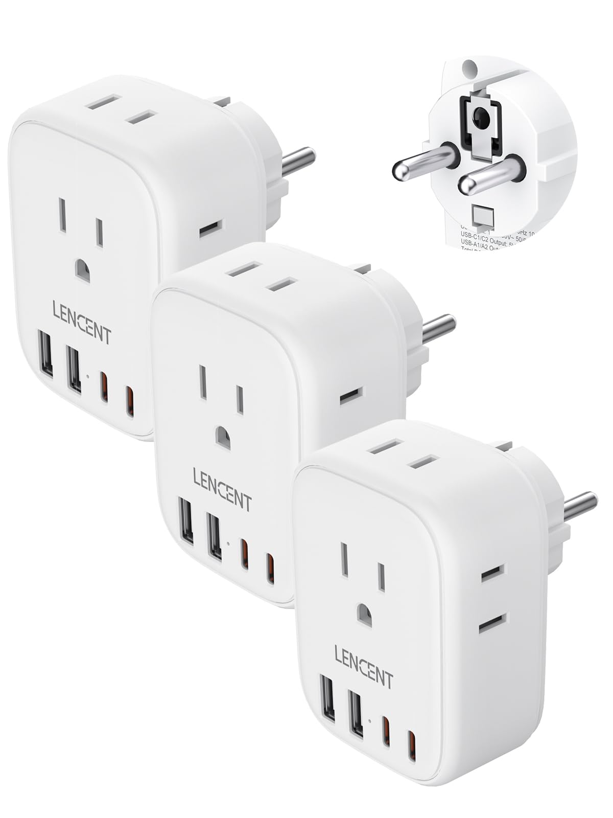 Lencent 3 Pack Germany France Travel Power Adapter, Schuko Type E/F Power Plug Adaptor With 4 Usb Ports(2 Type C),4 Outlet Conve