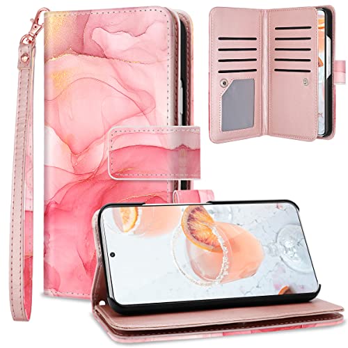 Fingic Samsung Galaxy S22 Case, Galaxy S22 Case Wallet, Rose Gold Marble 9 Card Holder Pu Leather Detachable Wrist Strap Wallet