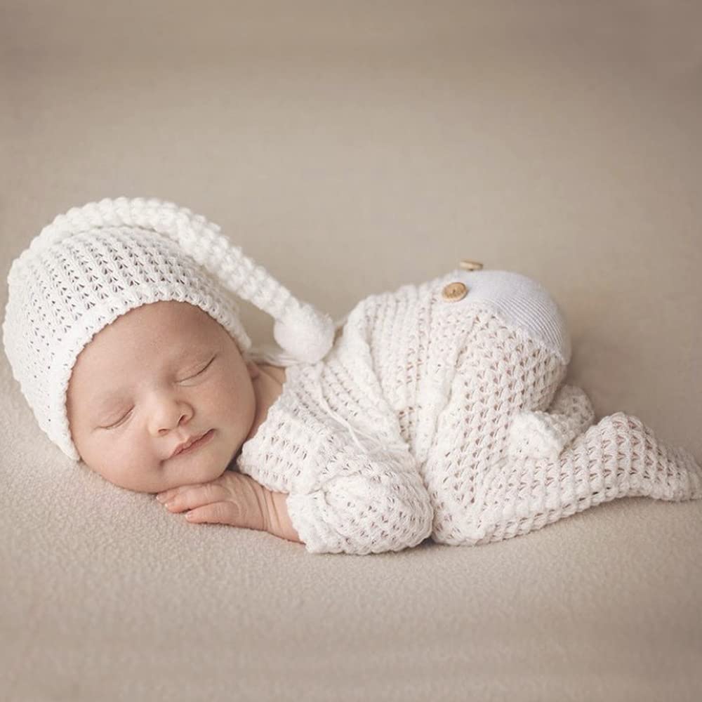 Newborn Baby Photo Shoot Props Girl Boy Crochet Knit Hat Costume Stripe Hat Pants Overalls Photography Props (Off White)