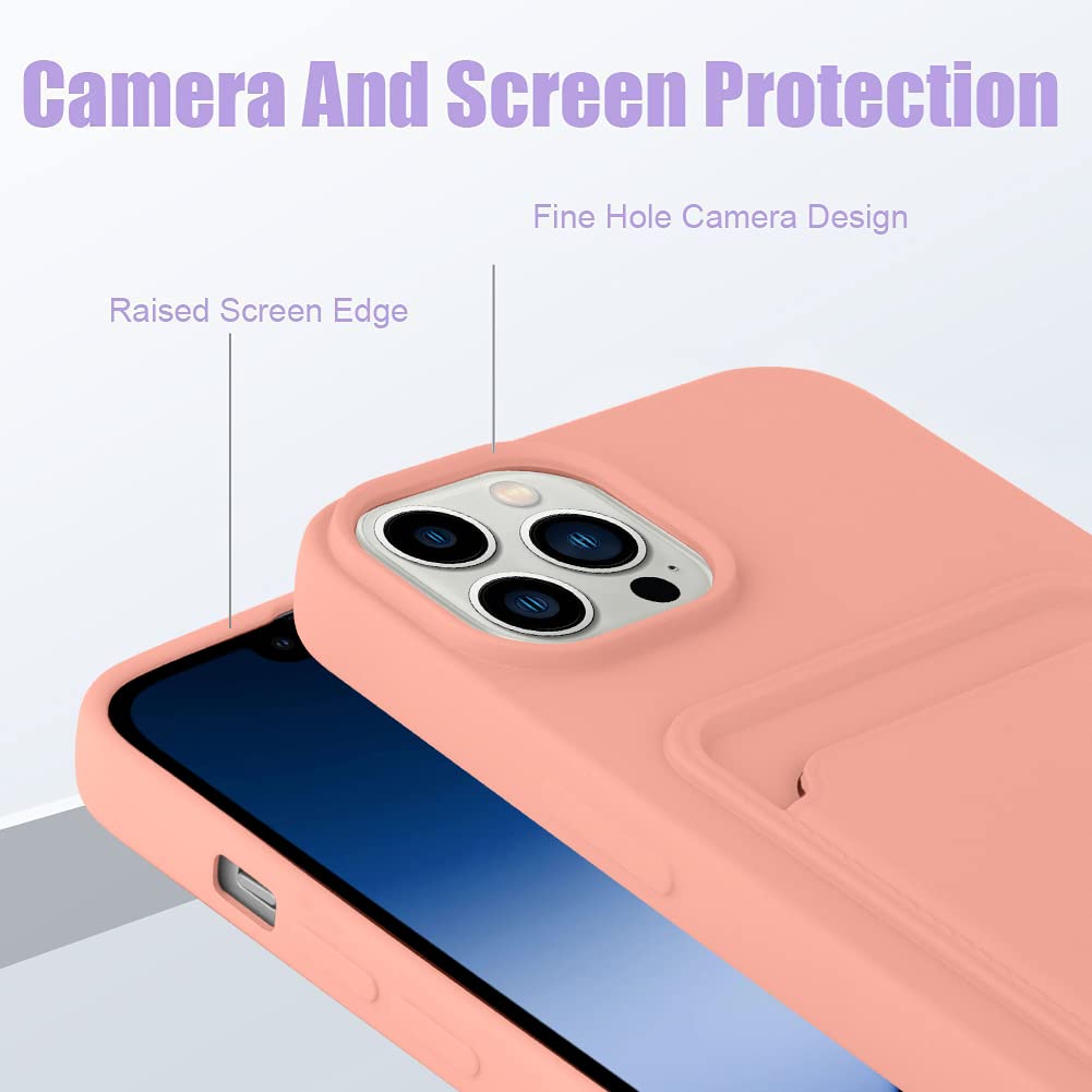 Mzelq Cell Phone Case For Iphone 14 Pro Max, Silicone Wallet Card Holder, Camera Protection, Screen Protector, Pink