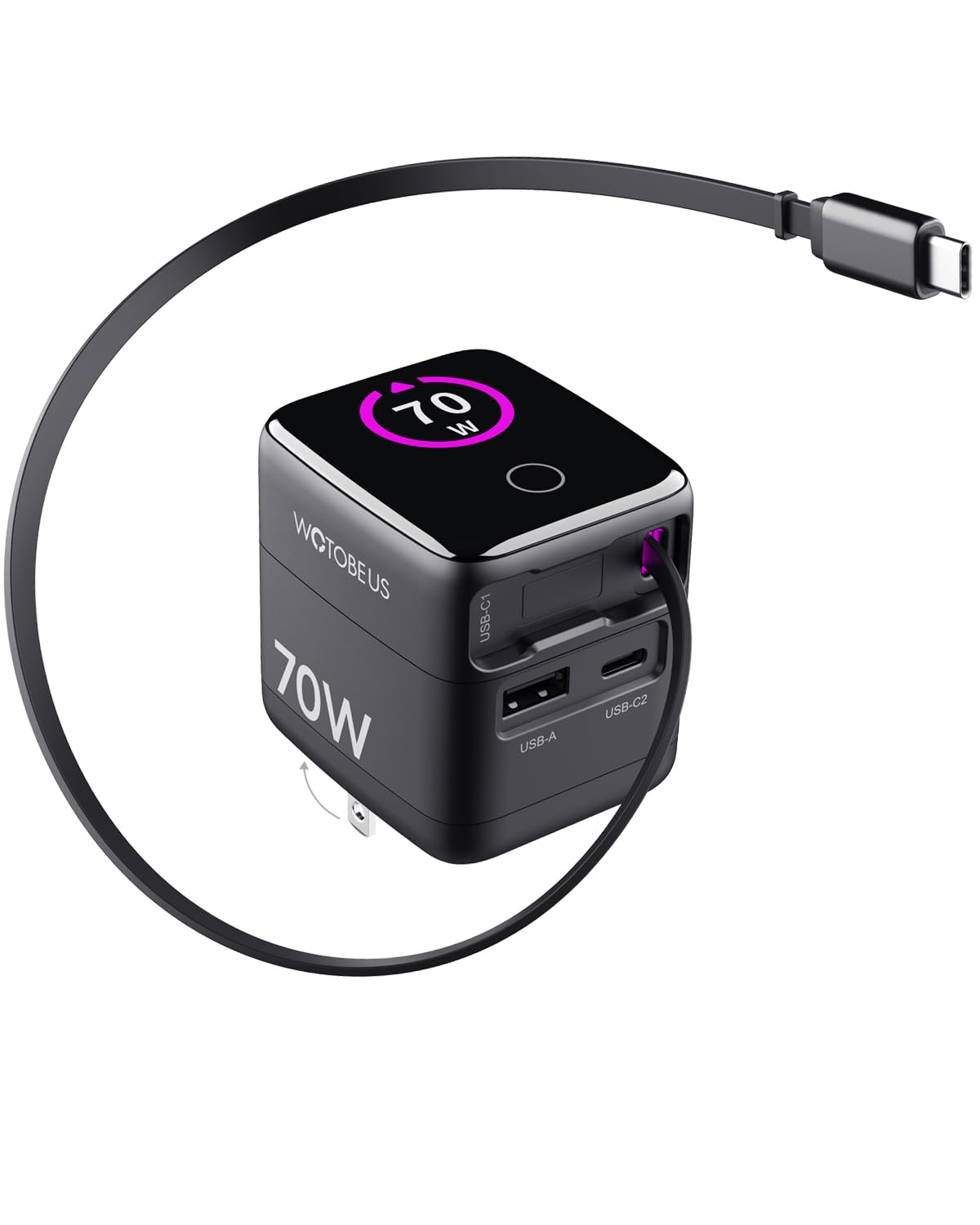 WOTOBEUS 70W/65W GaN USB C PD Charger, Retractable USB C Charger with AI Digital Display  Travel Laptop Power Adapter, PPS 45W 