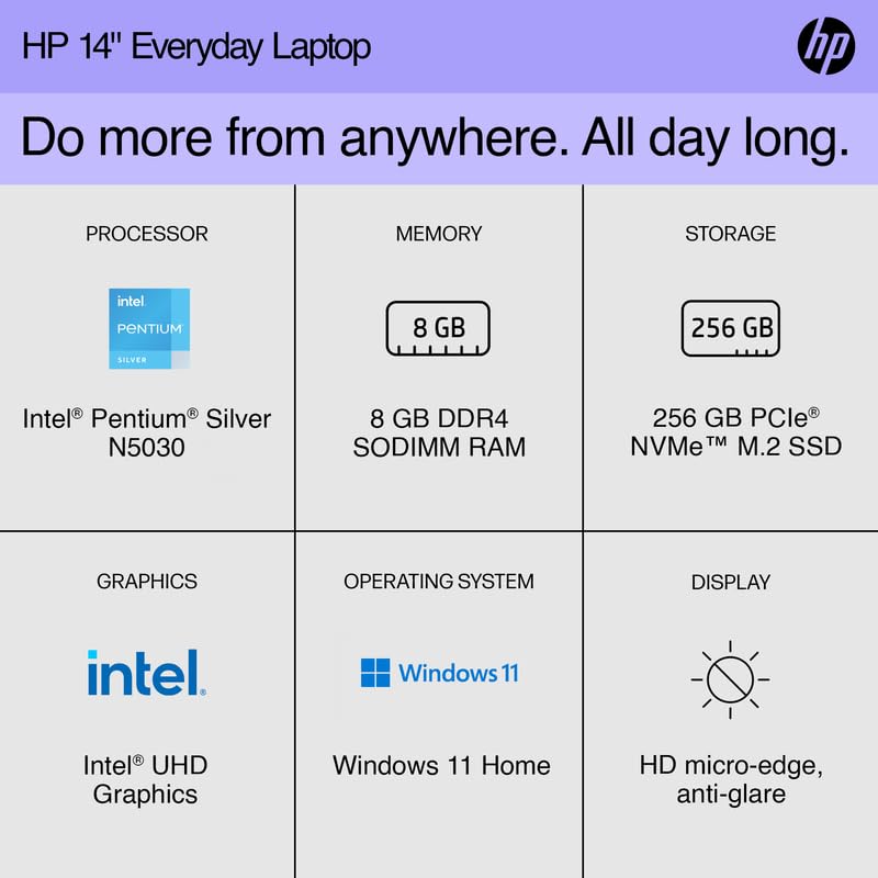 Hp 14 Laptop Portable Slim 2024,14 Hd Micro-Edge Display, Intel Quad-Core Pentium Processor, 8Gb Ram, 256Gb Ssd Wi-Fi, Webcam, F