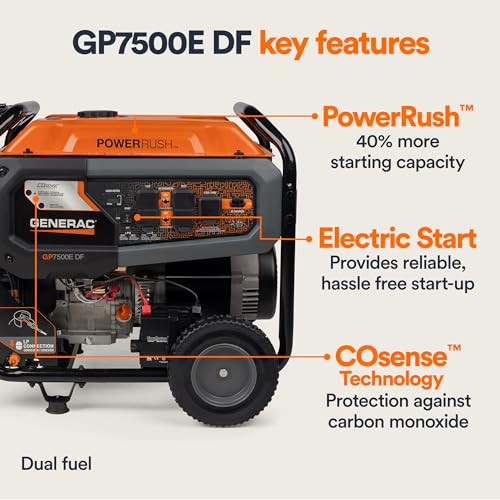 Generac 7,500-Watt Dual-Fuel Compatible Portable Generator - Gas And Propane - Cosense Technology With Electric Start - Powerrus
