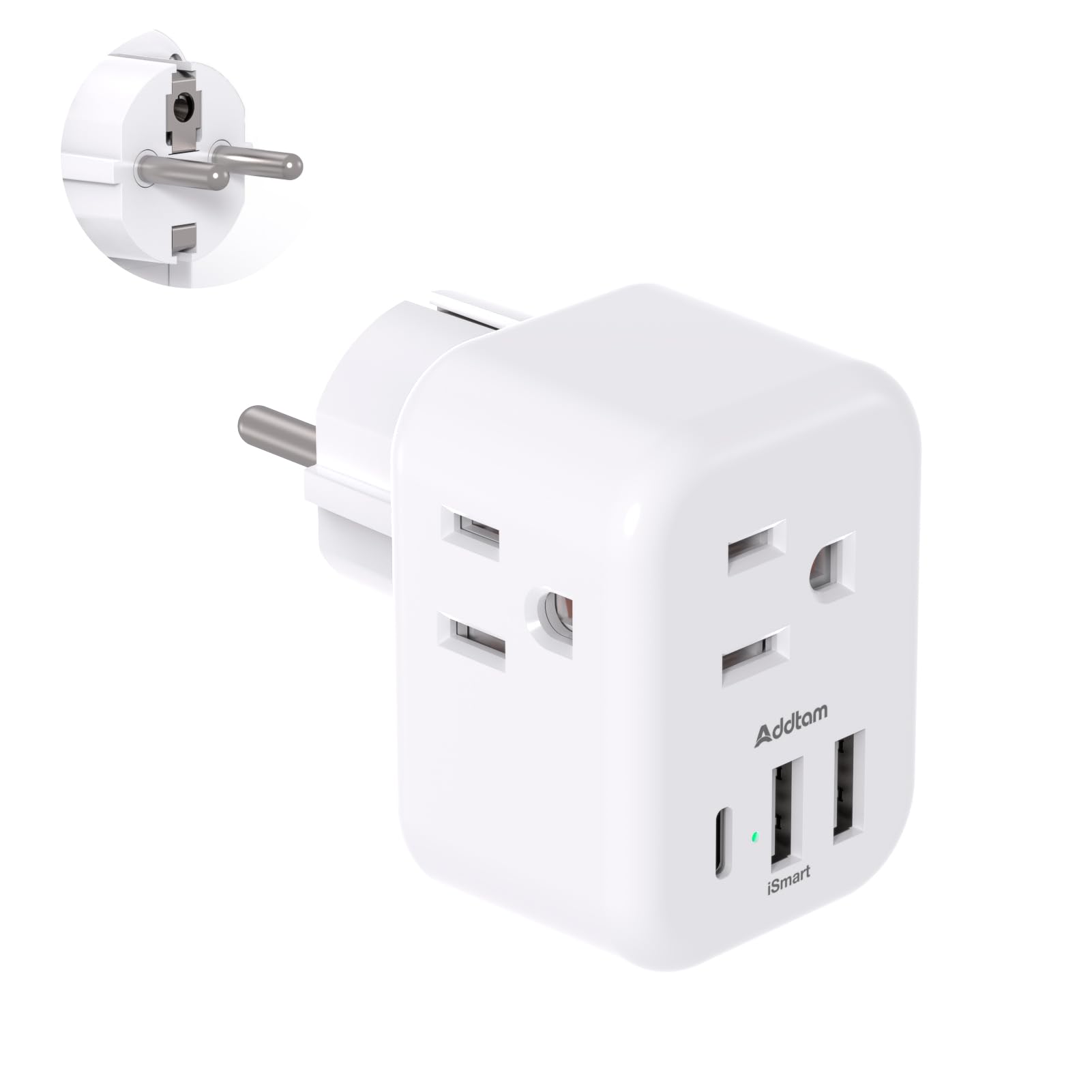 Germany France Travel Plug Adapter, 3 Outlets And 3 Usb Charging Ports(1 Usb C), Addtam Type E/F International Power Adapter, Tr