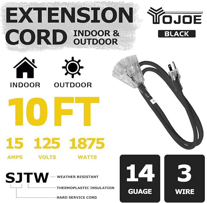 Yojoe 3 Outlet Indoor/Outdoor Extension Cord With Lighted End, 14 Gauge, 10 Ft Black, 15A, 1875W, Ul Listed, Suitable For Outdoo